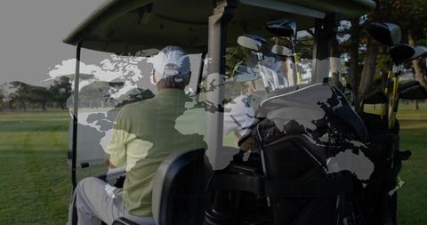 Friends Chatting in Golf Cart on Scenic Fairway with Clubs