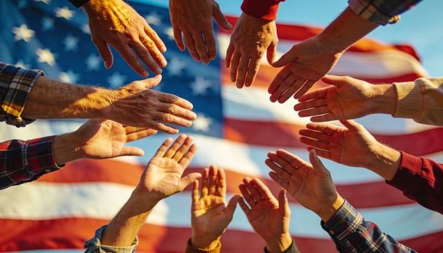 Hands reaching together over american flag celebrating unity, community, volunteer spirit