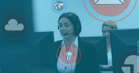 Customer service representative engaging in call with tech icons