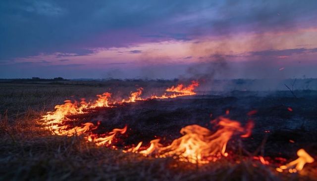 Curved wildfire line burning across harvested field at dusk with glowing embers