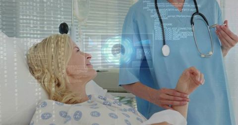 Nurse Checking Patient Pulse with Futuristic Holographic HUD Monitoring Vitals