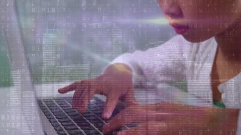 Young Person Typing on Laptop Amid Digital Code Interface