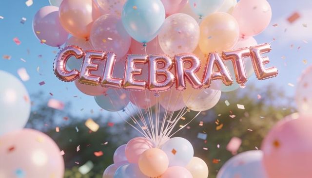 Floating pastel balloons spelling celebrate with rosegold foil letters and sunlit confetti