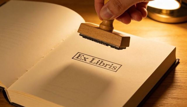 Stamping ex libris bookplate in vintage hardcover book with wooden stamp