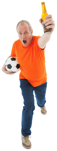 Mature man in orange t-shirt celebrating with football and beer