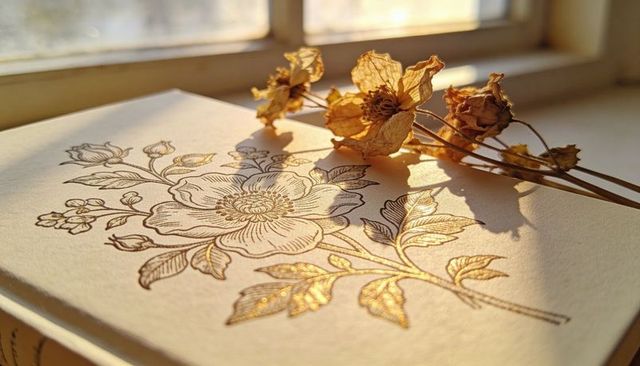 Sunlit gold-embossed floral book with dried flowers casting warm shadows on windowsill