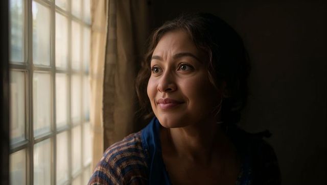 Woman gazing through paned window in warm natural light, emotive intimate moody portrait