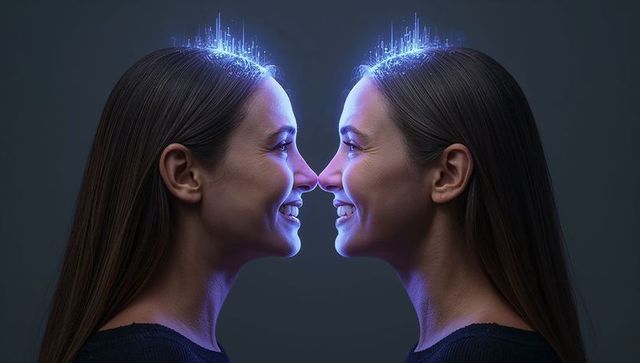 Dual-profile women smiling, touching noses with glowing neural cityscape crown and hologram