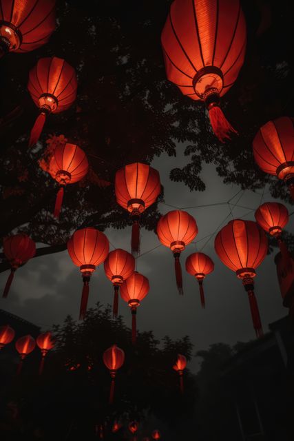 Glowing red Chinese lanterns hanging from trees at night, creating an illuminated festive atmosphere. Ideal for celebrating cultural holidays, adding decor elements to blogs, and illustrating traditions in Asian culture. Perfect for advertising festival events or night-time celebrations.