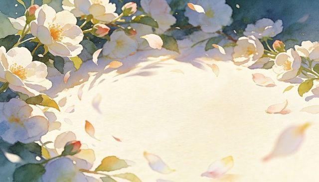 Soft watercolor camellia wreath framing parchment center with drifting petals and warm sunlight