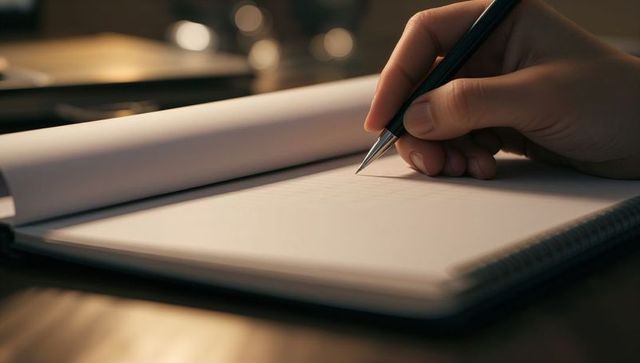 Right Hand Holding Pen Over Spiral-Bound Notebook Writing Under Warm Desk Lamp Light
