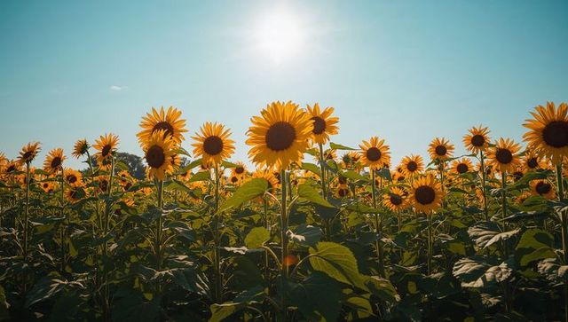 Sunlit Sunflower Field and Fresh Green Foliage