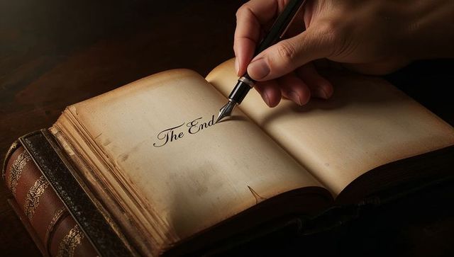 Handwriting Closing Line with Fountain Pen on Antique Leather Book, Vintage Manuscript