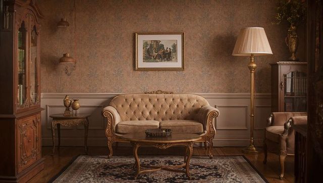 Vintage sitting room elegance with velvet sofa and persian rug