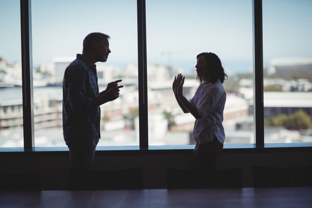 Business couple having a heated argument near a large office window. The image captures the tension and conflict in a professional setting, making it suitable for articles or presentations on workplace dynamics, conflict resolution, communication challenges, and stress management.