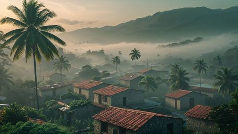 Misty tropical haiti morning in peaceful village with palm trees