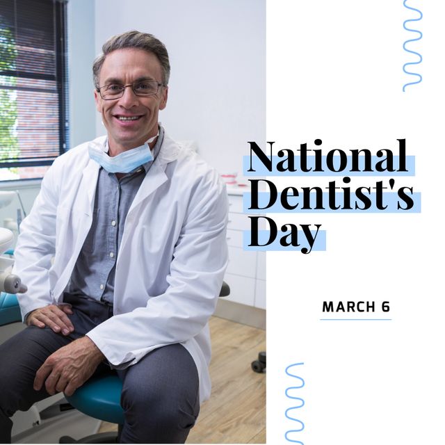 Smiling male dentist in modern dental office, perfect for promoting National Dentist's Day on March 6. Ideal for dental clinic promotions, healthcare awareness campaigns, educational materials about dental care, and celebrating dental professionals.