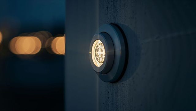 Round led wall light emitting warm halo on concrete at dusk with soft bokeh background