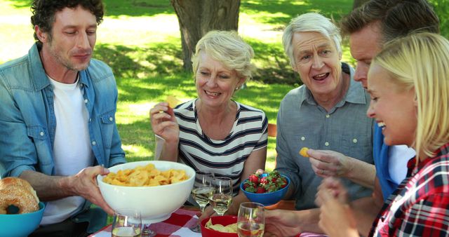 Smiling Group of People Enjoying Picnic Together in Sunny Park with Snacks - Download Free Stock Images Pikwizard.com