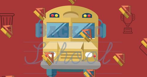 Back to school graphic with bus and school supply icons