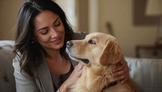 Hispanic Woman Bonding with Golden Retriever in Cozy Living Room