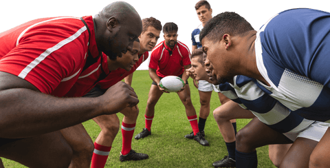Transparent battle intensity between male rugby teams ready for scrum