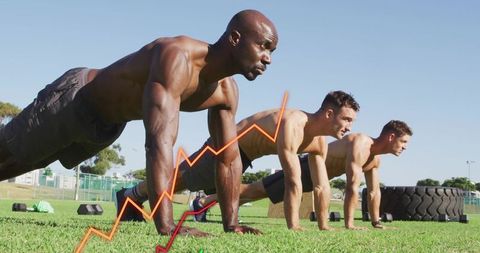 Group holding plank outdoors with performance graph overlay for athletic training