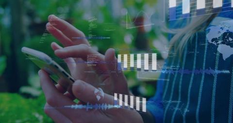 Tapping smartphone outdoors with digital data overlays and scrolling mobile analytics hud