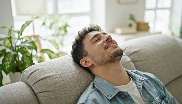 Young man relaxing on sofa in sunlit living room with indoor plants and cozy vibe
