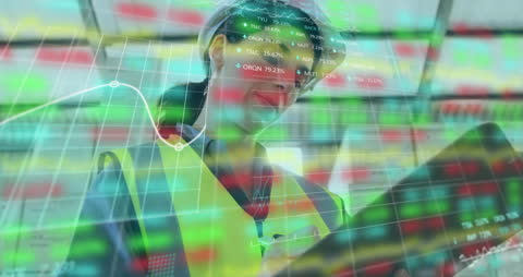 Warehouse Worker Analyzing Digital Stock Data Interface