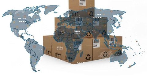 Global shipping concept with box pyramid and world map overlay