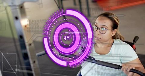 Adaptive strength training woman in wheelchair using seated row with ar fitness hud