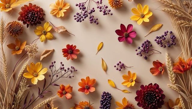 Autumn botanical flat lay with flowers and berries