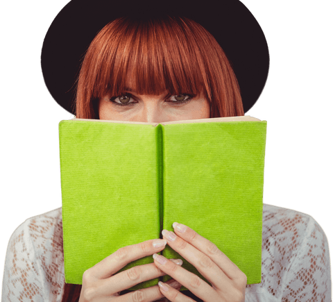 Stylish hipster woman halfway hiding behind green book on transparent background