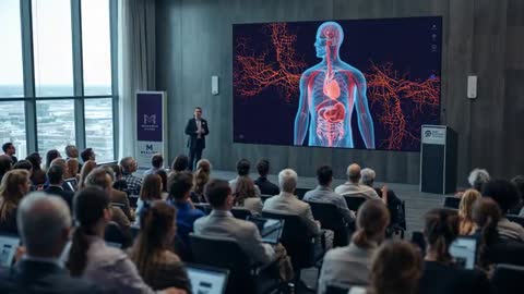 Medical Conference Presenter Demonstrating 3D Anatomy Visualization on Large Screen