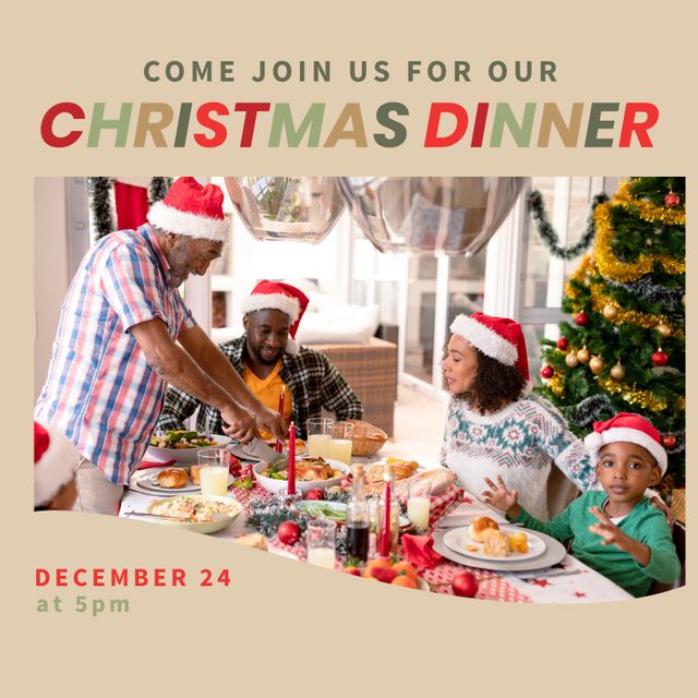 Square image of african american family having christmas dinner and christmas dinner text. Christmas dinner campaign.