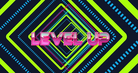 Retro Futuristic Neon Level Up Graphic with Geometric Shapes