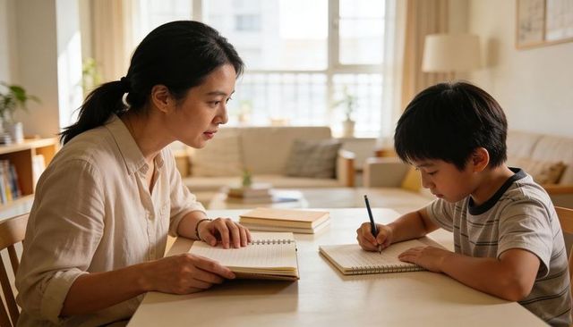Mother tutoring son at home writing homework together at bright sunlit dining table