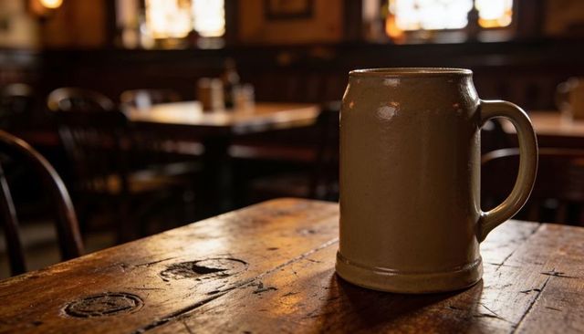 Stoneware beer stein on worn wooden pub table catching warm amber light, rustic mood