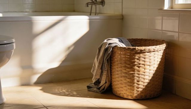 Sunlit bathroom featuring woven wicker laundry basket with draped gray towel