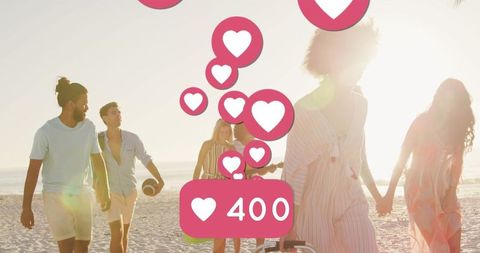 Friends Enjoying Beach with Social Media Engagement Icons