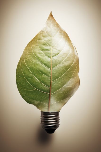 Lightbulb made of leaf on green background, created using generative ai technology. Ecology, nature and harmony, digitally generated image.