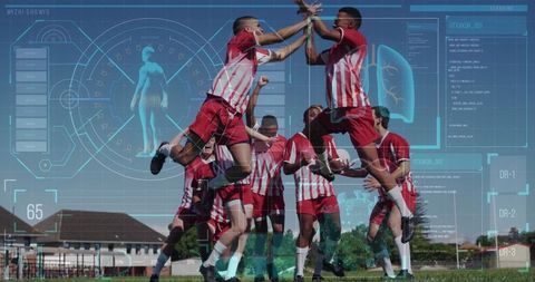 Diverse male soccer players seen joyfully jumping in a field, superimposed with digital health and technology graphics emphasizing sports science applications. Useful for themes around blending athletic training with technological advancements, promoting fitness and wellness programs, and showcasing how data analytics enhance team sports performance. Can be applied in advertising campaigns for sports technology and wearables.