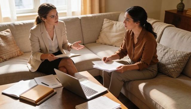Two professional women collaborating on documents and laptop during home office meeting