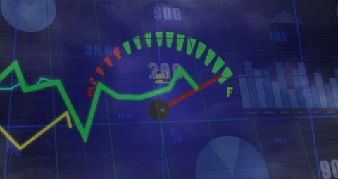 Speedometer Projection Overlapping Business Charts and Cloudy Sky