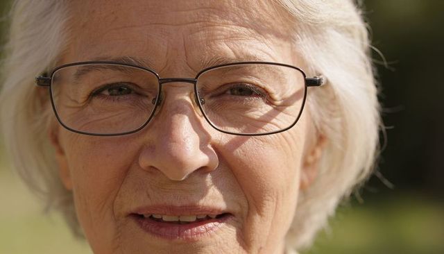Closeup smiling senior woman wearing rectangular metal glasses in warm sunlight outdoors