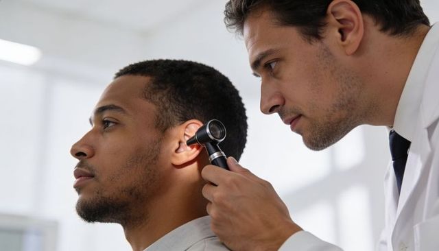 Doctor examining patient ear with otoscope in clinical exam room for hearing assessment