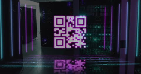 Neon QR Code in Modern Server Room with Digital Interface