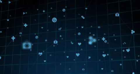 Digital Grid Network with Glowing Medical Icons on Dark Blue Background