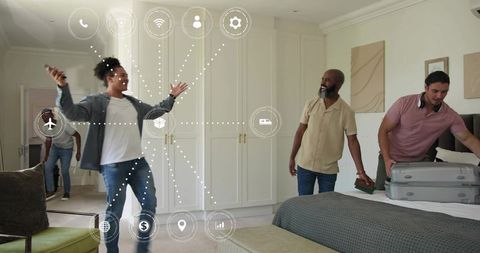 Friends unpacking in modern bedroom with travel app interface and smart icons